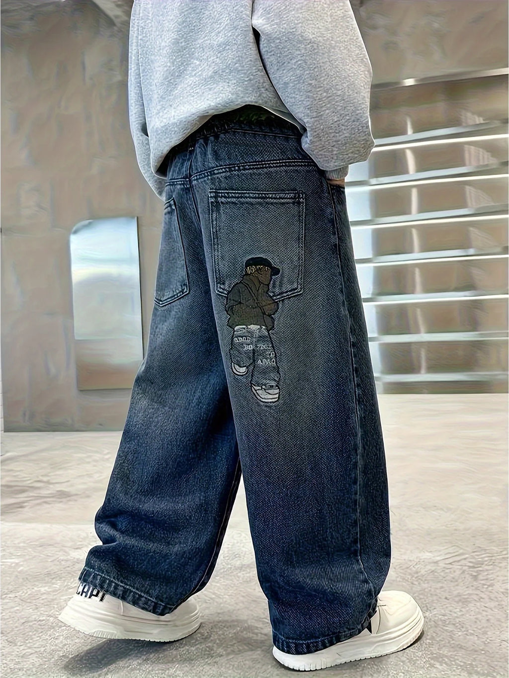 STORESDE Boy's loose-fit trendy rear pocket embroidered design denim straight-leg pants, comfortable stretch elastic waist.