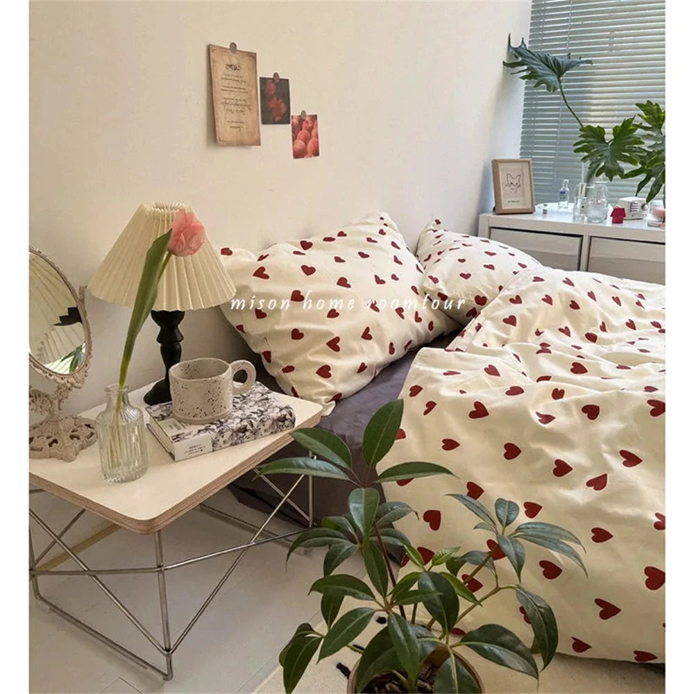 STORESDE Korean Style Bedding Set Kid Adult Twin Full Queen Size Bed Flat Sheet Set Pillowcase Bed Linen Love Heart Duvet Cover