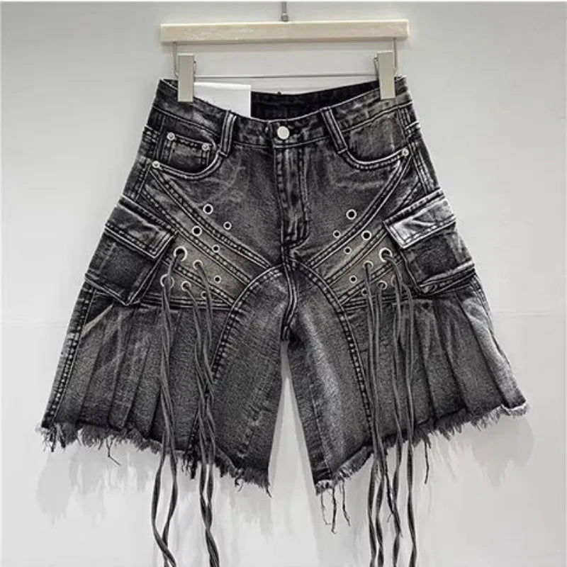 STORESDE Streetwear American Vintage Heavy Industry Washed Holes and Burrs Denim Shorts Y2 Gothic Old Multi-pocket Casual Joker Pants