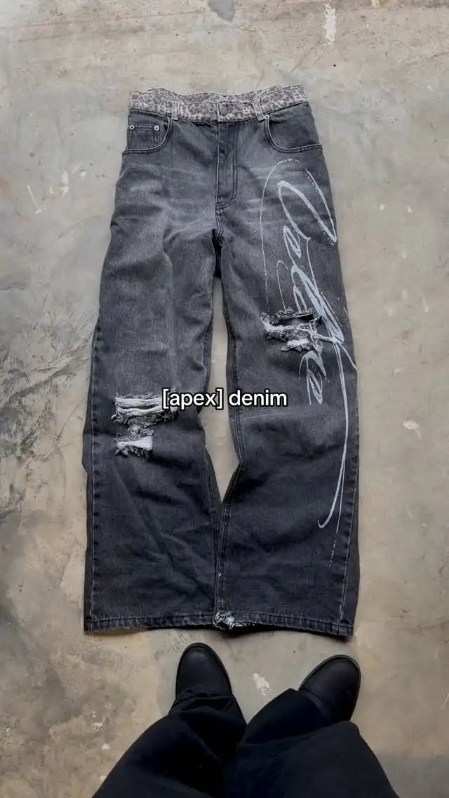 STORESDE Leopard print hem jeans 2000s American casual jeans high waist straight wide leg jeans Harajuku retro women's clothing