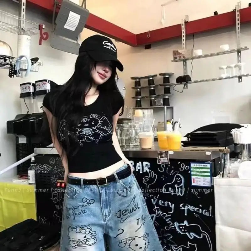 STORESDE New 2025 Sanrio Summer High Street Style Denim Jeans Shorts Light Blue Straight Girls Deni Shorts Jeans Fashion Casual Jeans
