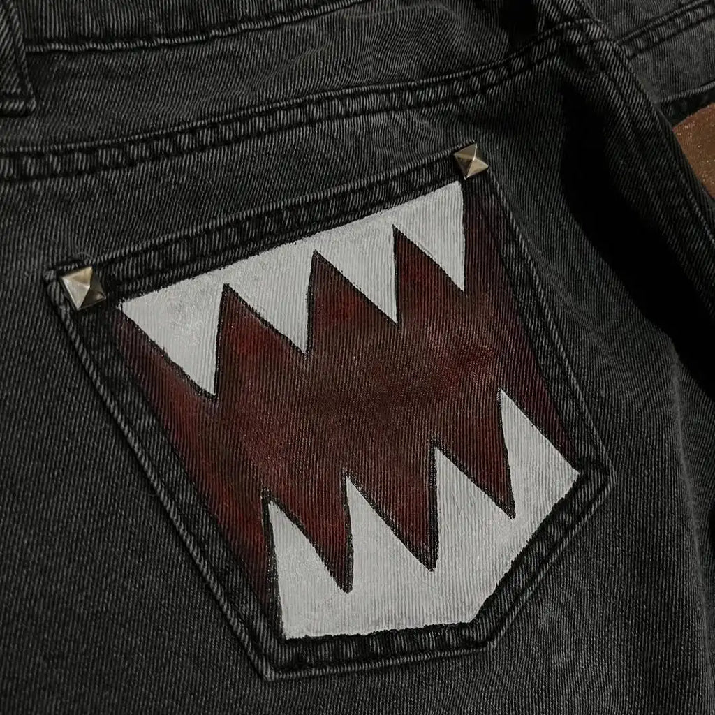 STORESDE Y2k2026 Subculture Fun Monster Teeth Patch Pocket Jeans American Heavy Industry Rivet Old Loose Wide Leg Pants Couple Same Style