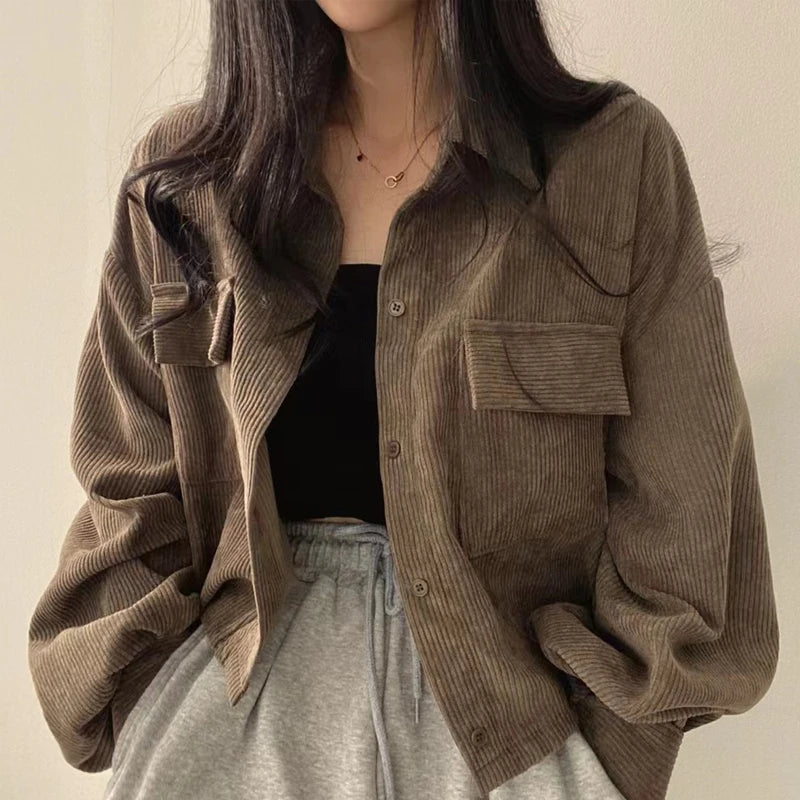 STORESDE Autumn Retro Versatile Single Breasted Turndown Collar Long Sleeved Jacket for Women Coffee Casual with Pockets Loose Coat