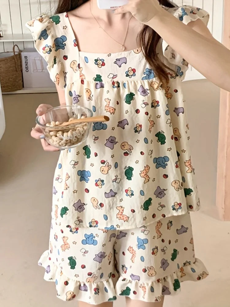 STORESDE Allover Cartoon Print Lounge Set Ladies Summer Cute Ruffle Sleeve Square Neck Top & Shorts Kawaii Women's Loungewear Summer