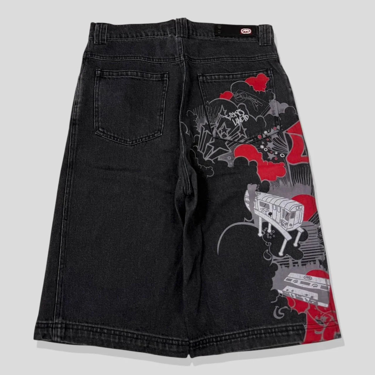 STORESDE American Washed Ecko Denim Shorts Mens Hip-hop Rock Street Fashion Pattern Straight Pants Harajuku Trend Wide Pants