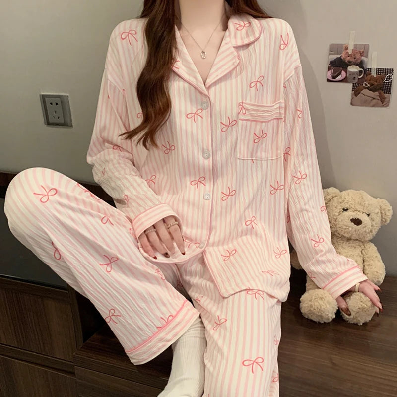 STORESDE Pink Bow Tie Design Pajamas for Women Long Sleeve Top & Elastic Waist Pants Pajamas Set Harajuku Style Casual New Home Wear