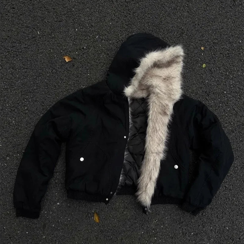 STORESDE Y2K American Black Retro Wool Collar Thickened Cotton Jacket Men And Women Fashion Punk Vintage Streetwear Loose Casual Jackets