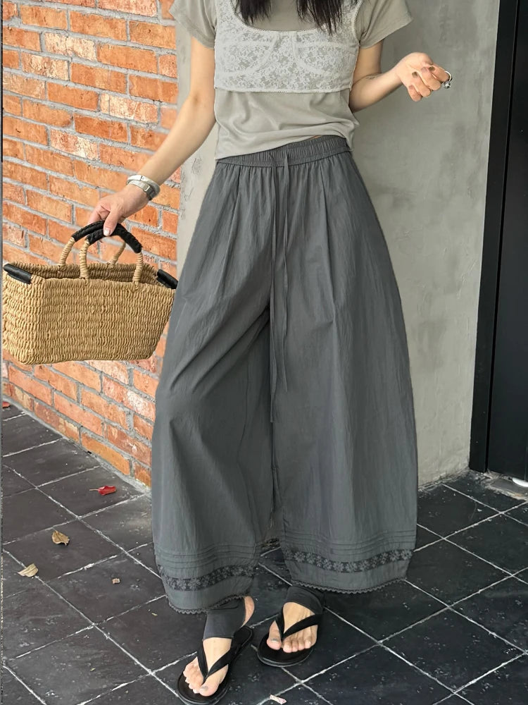 STORESDE Summer Women's Bloomers Korean Lace Thin Drawstring Splicing Wide-leg Pants Casual Loose Solid Ankle Length Baggy Pants Women