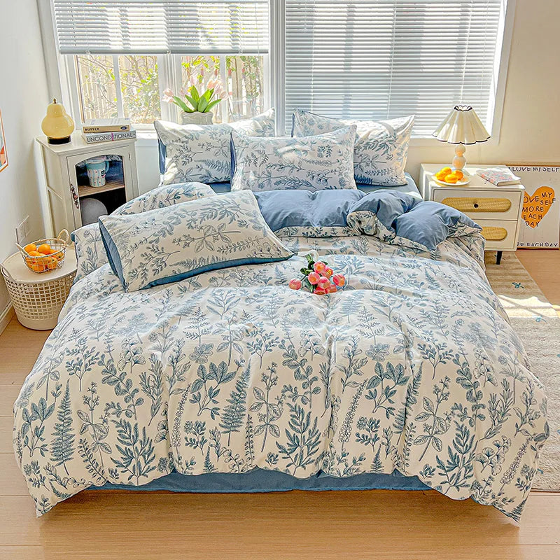 STORESDE American Pastoral Floral Printed Bedding Set Soft Skin-Friendly Double King Size Duvet Cover Set with Flat Sheet and Pillowcases