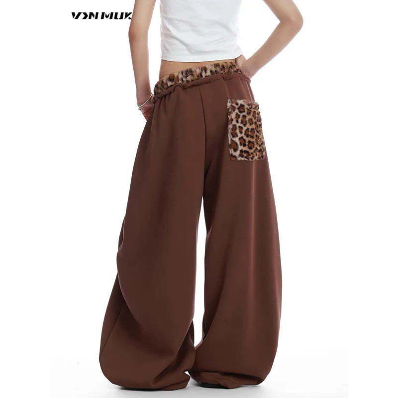 STORESDE ZHIZOU Women Brown Sweatpants Baggy Leopard Patchwork Pants Harajuku Aesthetic 2000s Style Y2k Vintage Oversize Trousers Autumn