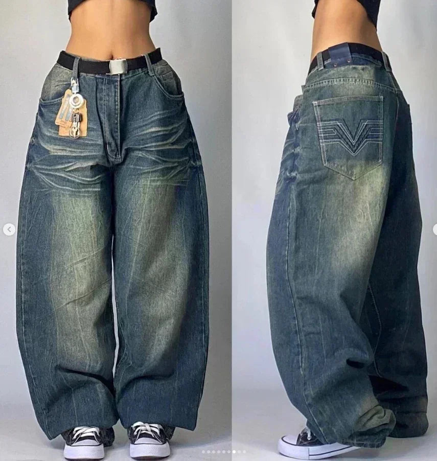 STORESDE American Street Trend Letter Embroidered Loose Jeans Men Harajuku Y2K New Hip Hop Oversized Wide-leg Pants Unisex Mopping Jeans