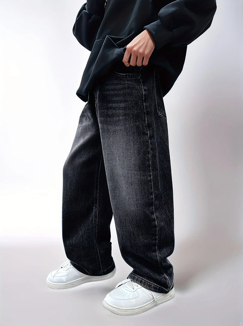 STORESDE Boy's jeans, boy's all-season loose trendy jeans, street casual hip-hop pants, festival-style pants.Full elastic waistband