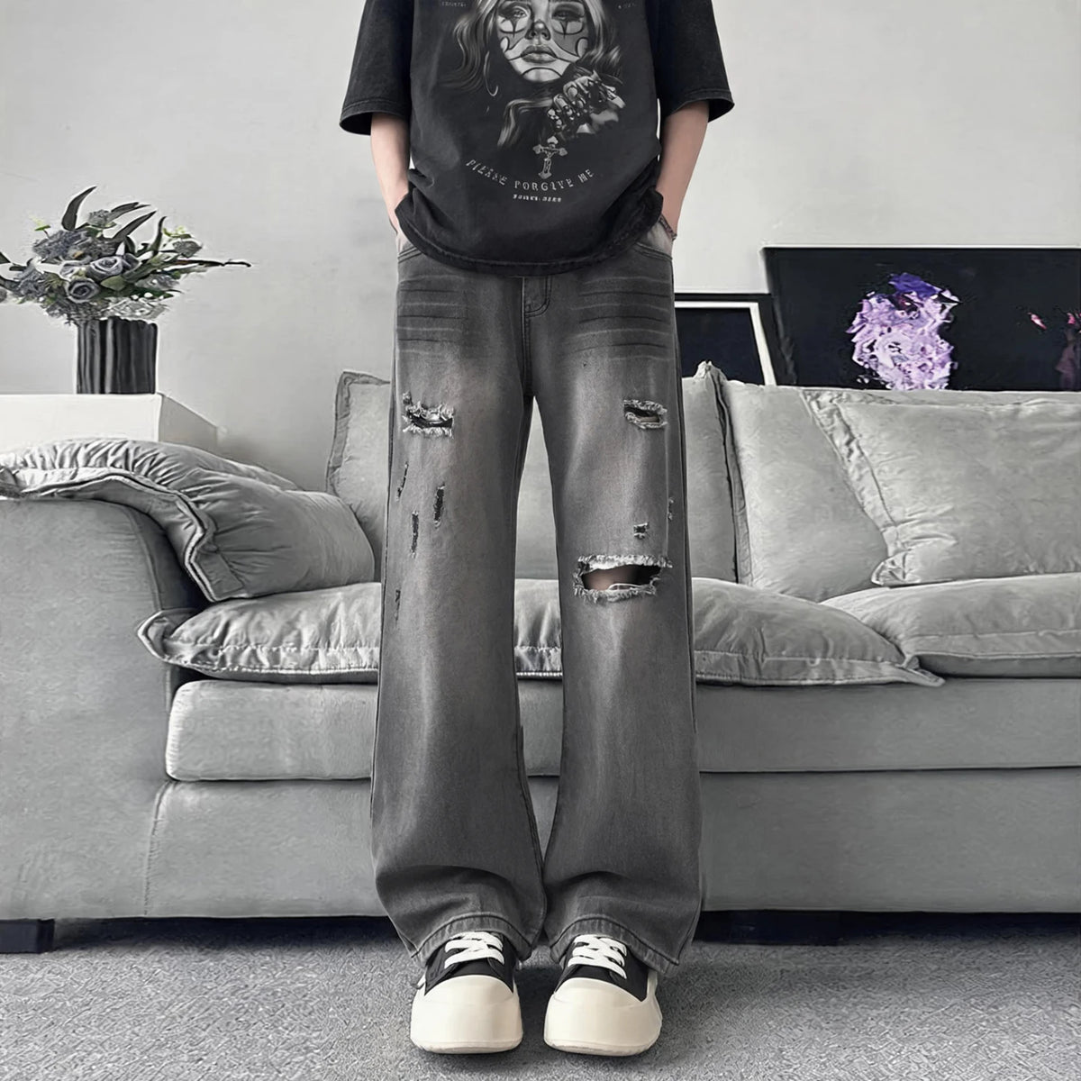 STORESDE Summer Men's Distressed Denim Pants 2026 New Gray Washed Ripped Loose Straight Leg Casual Streetwear Jeans