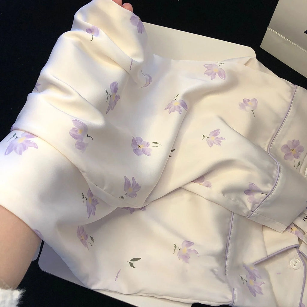 STORESDE 2026 New Ice Silk 2 Pieces Pajamas for Women Autumn Spring Women's Pajamas Set Elegant Ptinting Flower Home Wear Soft Sleepwear