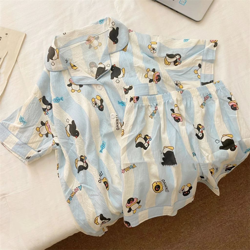 STORESDE Penguin Print Women Autumn Two Piece Pajama Set Long Sleeve V Neck Top & Elastic Waist Pants 2 Pieces Female Sleepwear Nightwear