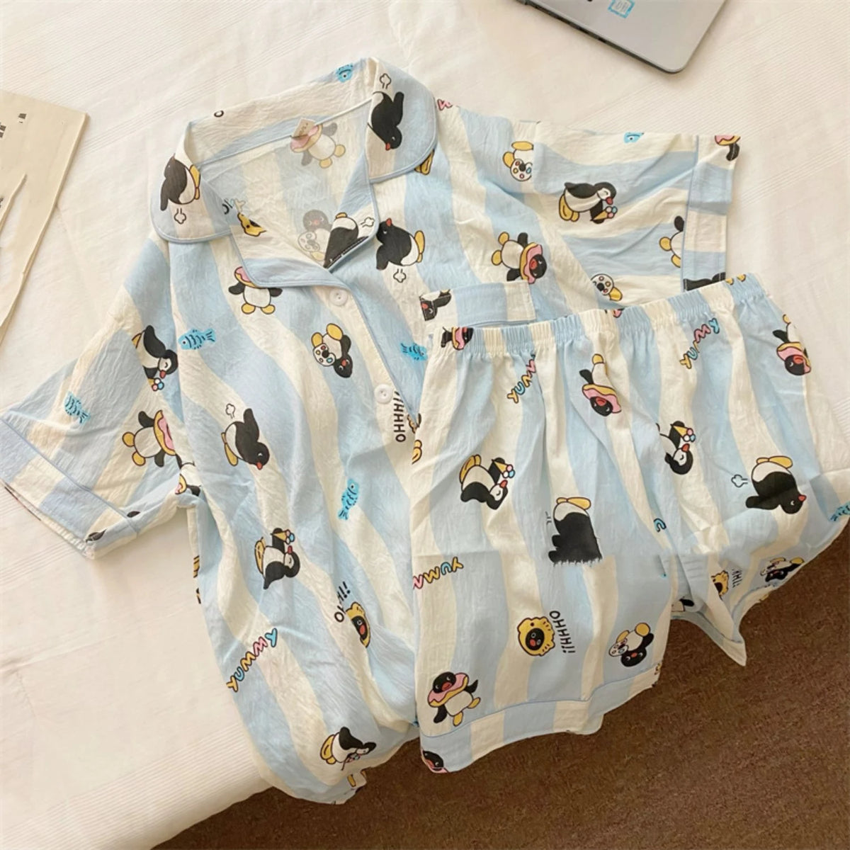 STORESDE Penguin Print Women Autumn Two Piece Pajama Set Long Sleeve V Neck Top & Elastic Waist Pants 2 Pieces Female Sleepwear Nightwear