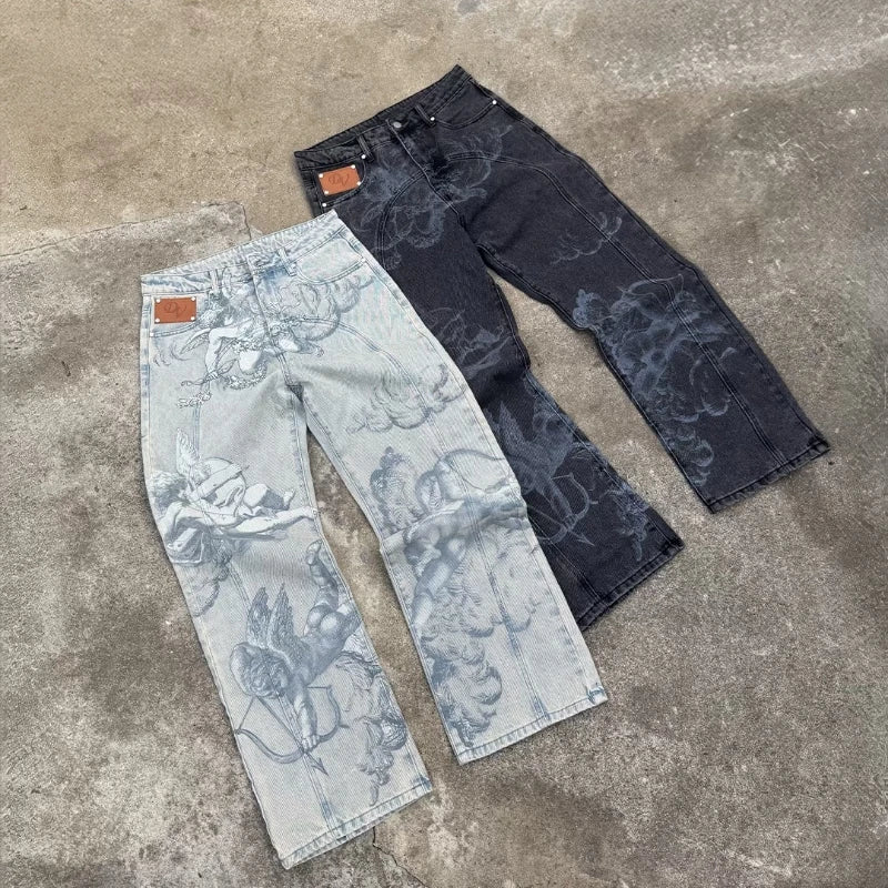 STORESDE Y2k Angel Baggy Jeans Retro High Street Cupids Arrow Men Women Pants American Hip Hop Streetwear Unisex Casual Straight Jeans