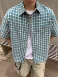 STORESDE Summer Short Sleeve Plaid Shirt Women American Vintage Loose Single Breasted Casual Blouse Bf Harajuku All Match Lapel Tops