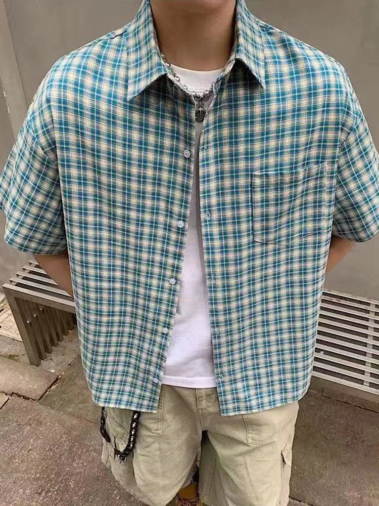 STORESDE Summer Short Sleeve Plaid Shirt Women American Vintage Loose Single Breasted Casual Blouse Bf Harajuku All Match Lapel Tops