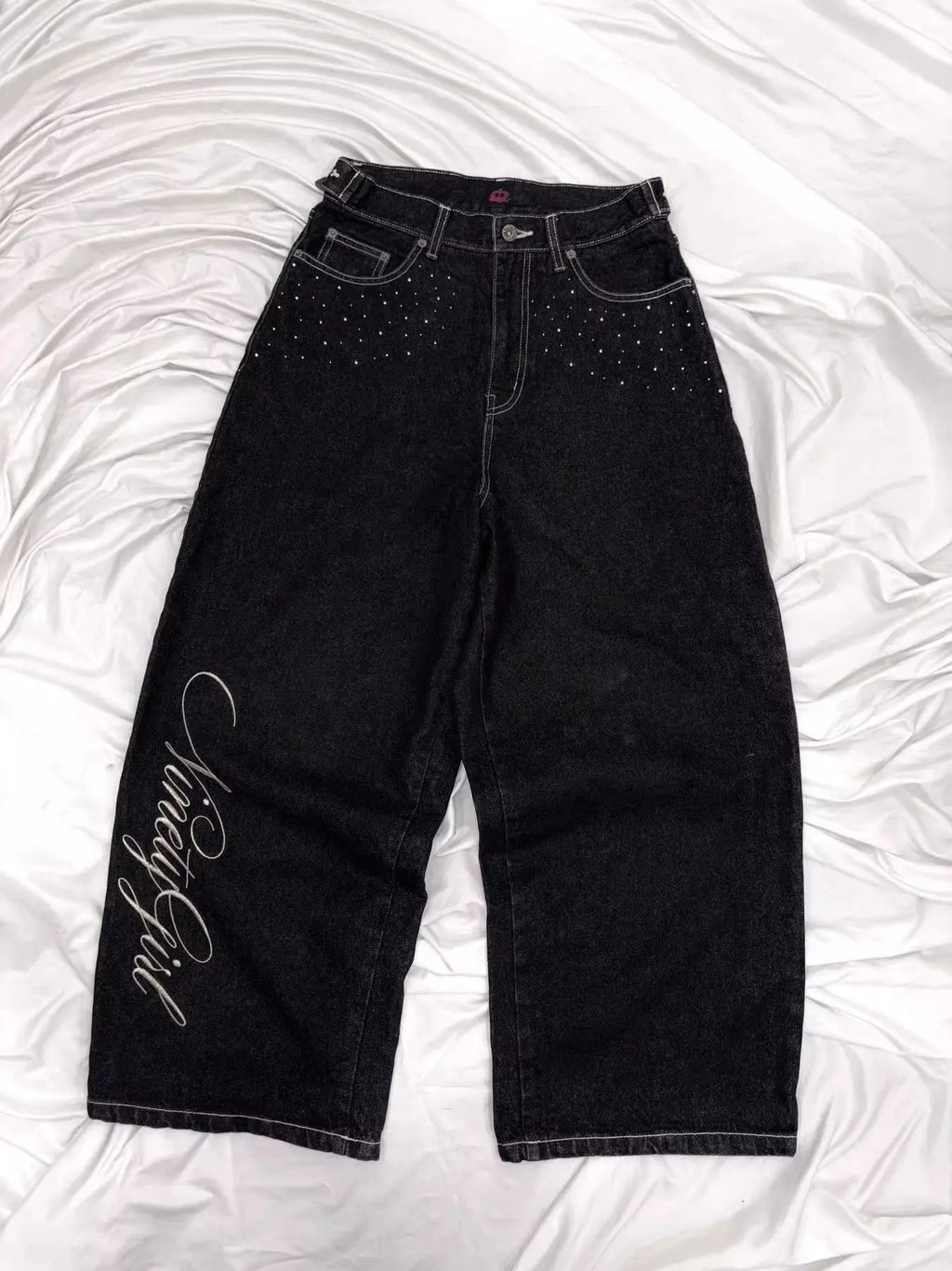 STORESDE Trendy and fashionable Harajuku retro high street angel wing rhinestone embroidery millennium straight-leg loose denim trousers