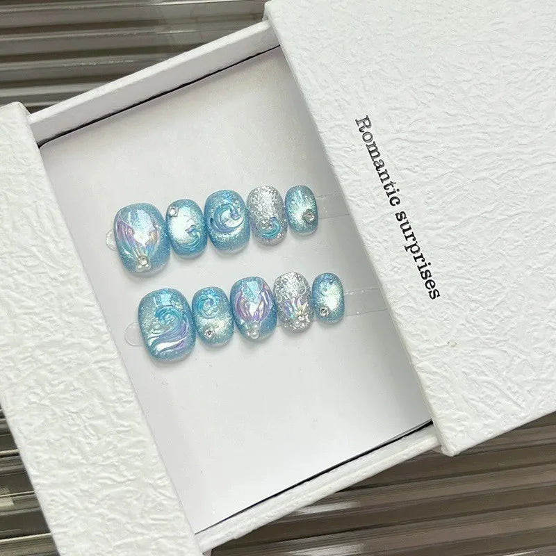 STORESDE 10pcs Handmade Press On Nails Cute Starfish Cat's Eye Aurora Fake Nail Tips Wearable Fantasy Mermaid Short Square False Nails