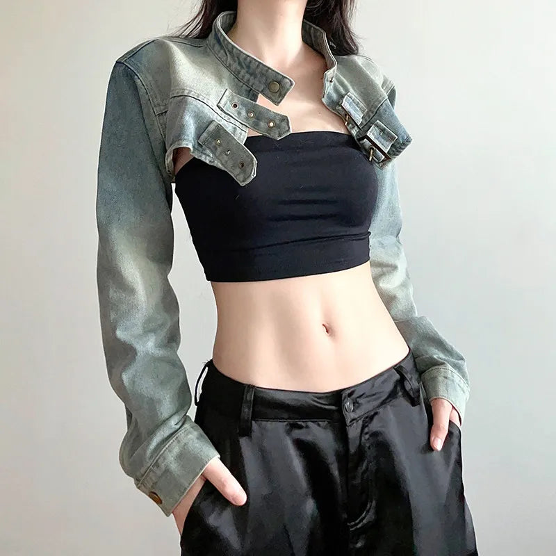 STORESDE MEXZT Y2K Cropped Denim Jacket Women Vintage 90S Sexy Long Sleeve Jeans Coats Summer Gyaru Harajuku Streetwear Design Outerwears