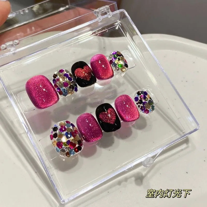 STORESDE 10pcs Handmade press on Nails Dragon Fruit Crystal Cat's Eye Glittering Heart Fake Nail for Women&Girl Removable wearable Nail