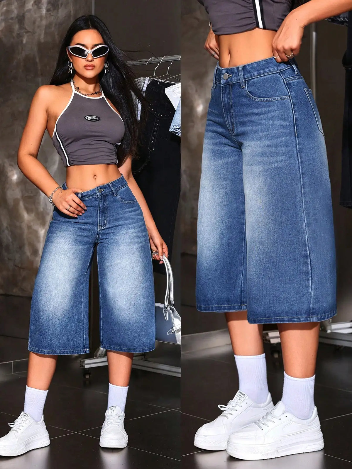 STORESDE American Retro Hot Girl Style Distressed Fleece Hem Jeans Mid-Thigh Pants, Must-Have Streetwear, High Waist Loose-Fitting Casual