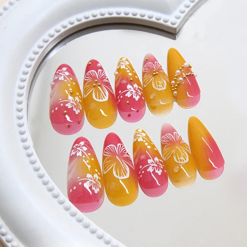 STORESDE 24pcs White Flower Fake Nail Tips Ins Yellow Pink Blush False Nails Wearable Full Cover European Almond Shaped Press on Nails