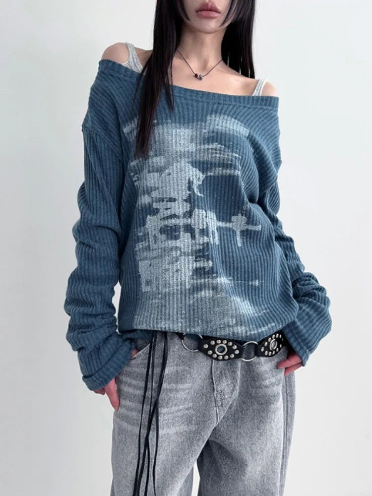 STORESDE Autumn Harajuku Women Vintage Print Tees Streetwear Grunge Skew Collar Graphic Tshirt Y2k Aesthetic Casual Hiphop Grunge Top