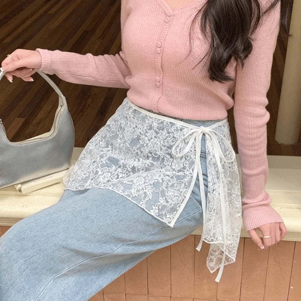 STORESDE Apparel Accessories French Lacing Lace Mini Skirt Embroidery Irregular Hemline Lace Up Ruffles Skirt Y2K Apron Wrap Skirt