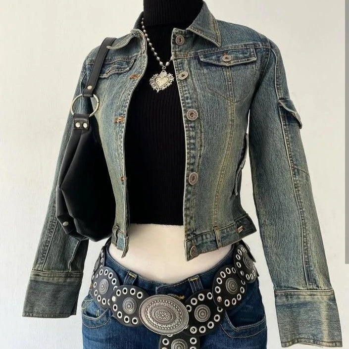 STORESDE Y2K Light Blue Harajuku Sexy Slim Fit Denim Jacket Women Clothing  Goth Punk Collar Short Zip Up Jacket Multi Pockets Denim Coat