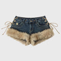 STORESDE Winter New Women's Retro Design Fluffy Splicing Jeans Shorts Y2k Low-rise Strap Slim Hot Pants