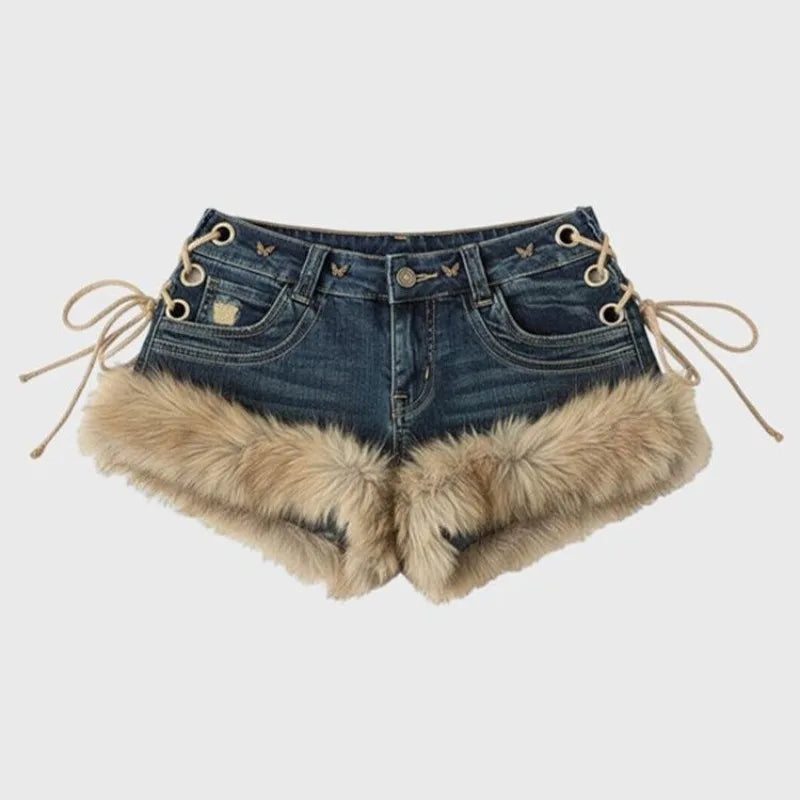 STORESDE Winter New Women's Retro Design Fluffy Splicing Jeans Shorts Y2k Low-rise Strap Slim Hot Pants