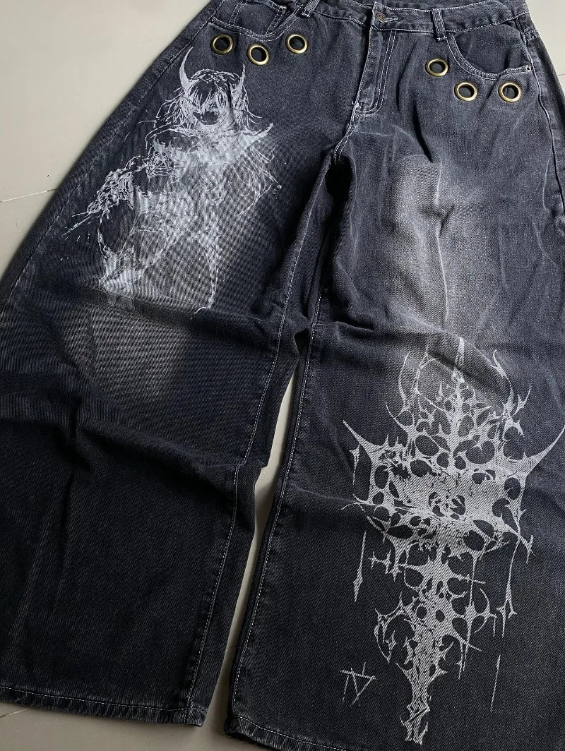 STORESDE American New Fashion Oversized Pattern Printed Washed Jeans Men Y2K Gothic Rock Popular Casual Joker High Waist Wide Leg Pants