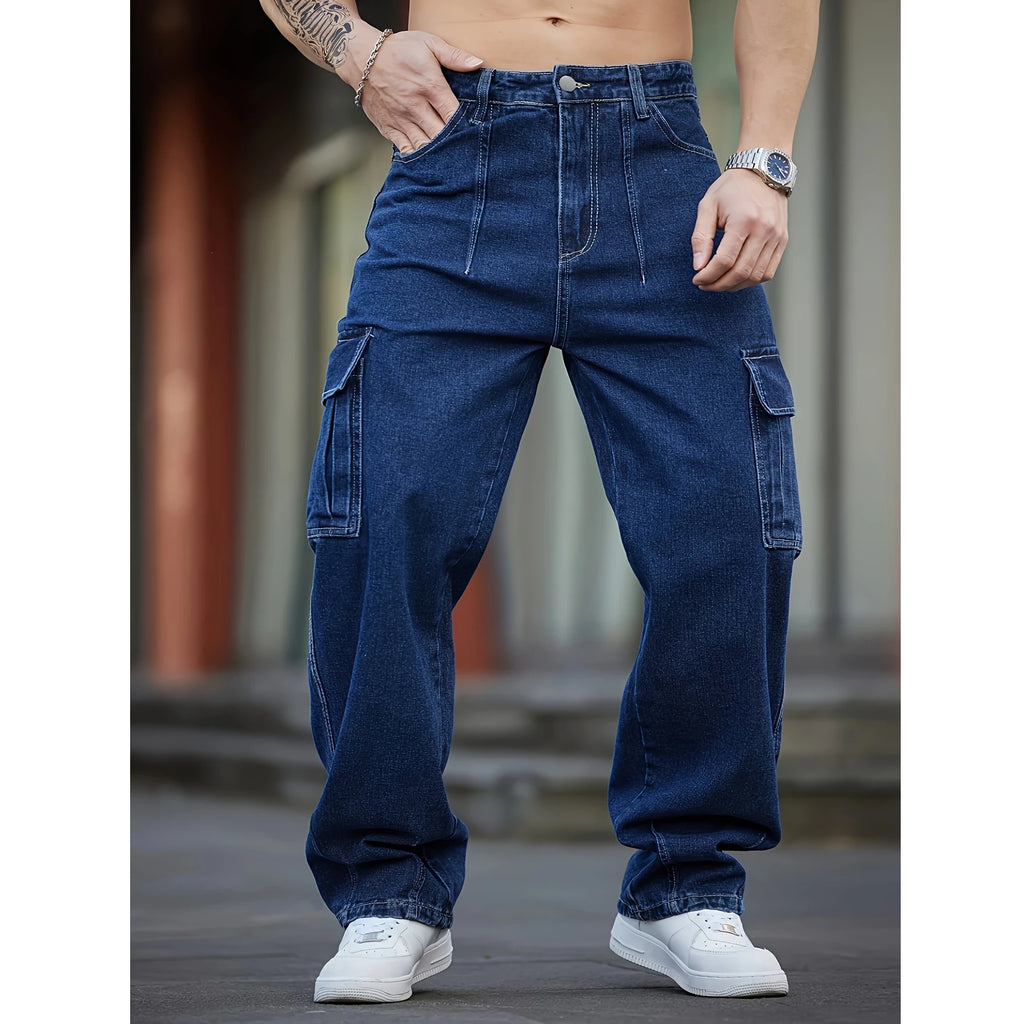 STORESDE Men's Deep Blue Washed Denim Workwear Jeans Casual Multiple Pockets Design Loose Wide Leg Trousers Y2K Style Cargo Pants