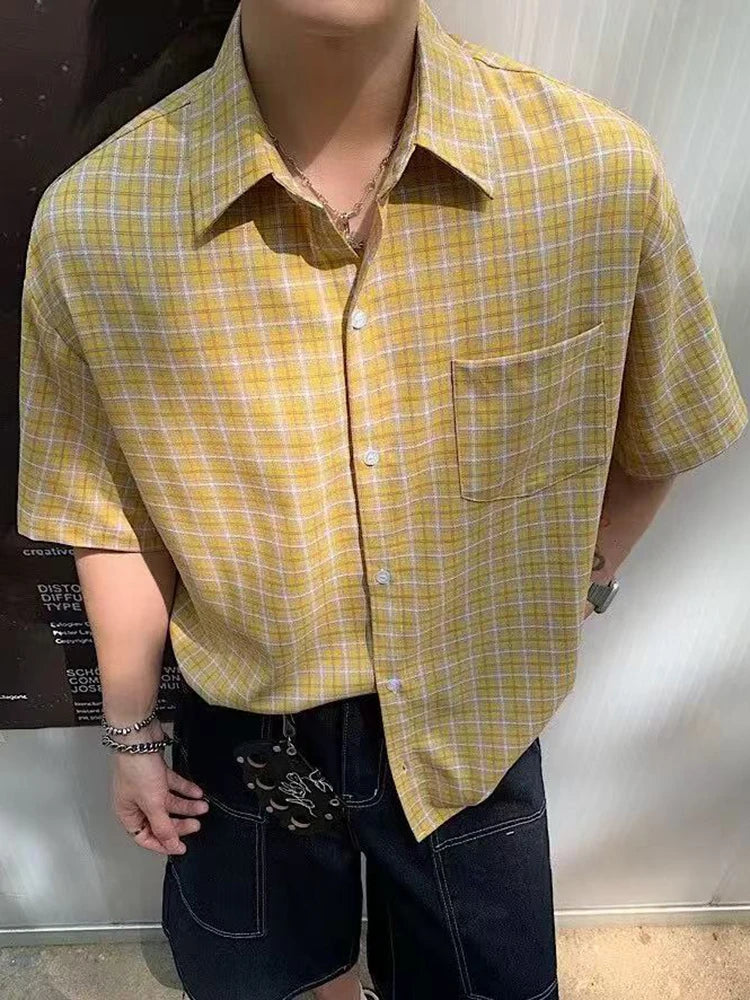STORESDE Summer Short Sleeve Plaid Shirt Women American Vintage Loose Single Breasted Casual Blouse Bf Harajuku All Match Lapel Tops