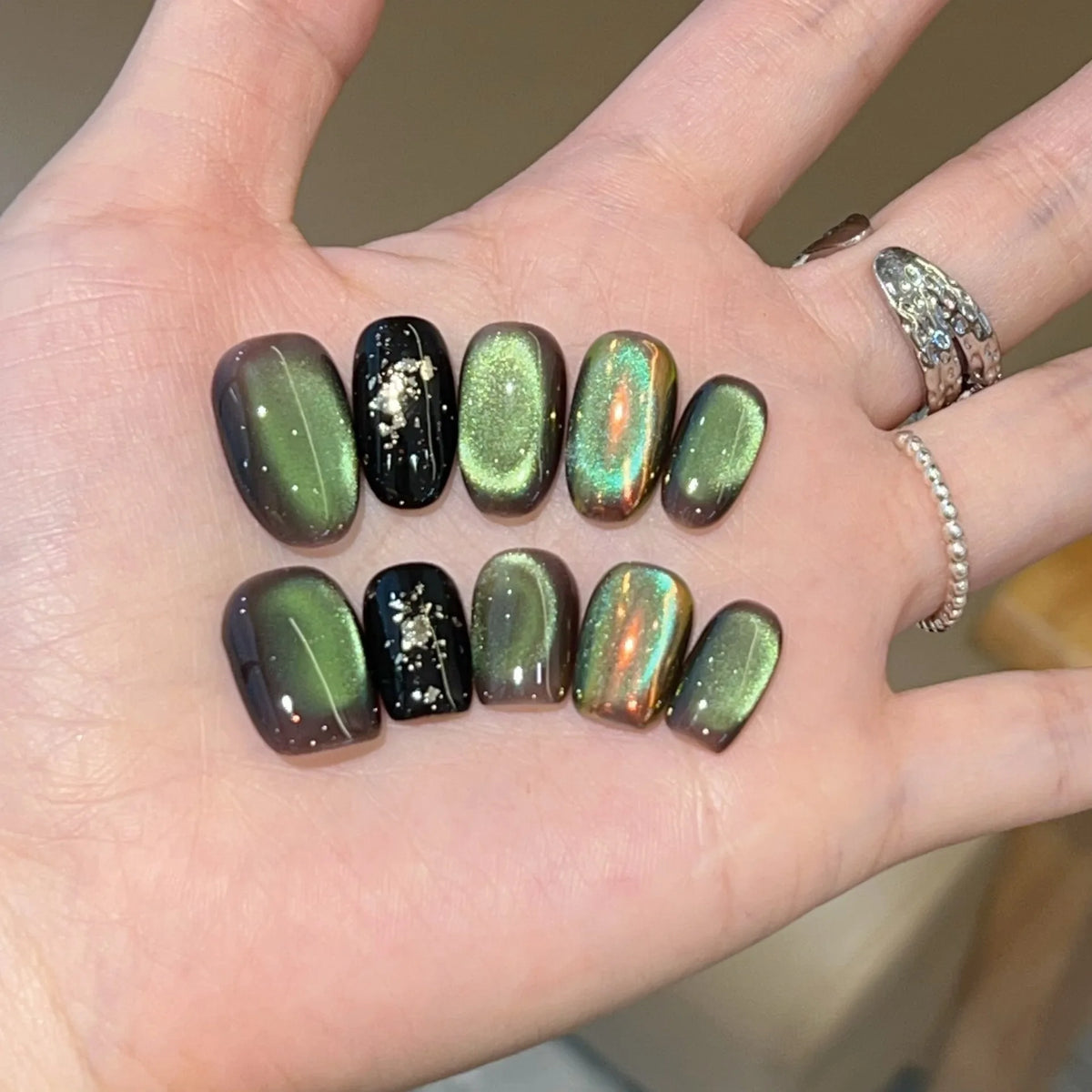STORESDE 10pc Handmade Press on Nails Green Glass Bead Cat's Eye Aurora Pink False Nail for Women&Girl Short Removable Wearable Fake Nail