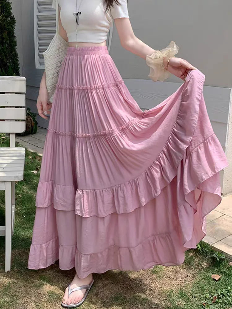 STORESDE White Tiered Ruffle Hem Skirt 2025 - High Waist Flowy A-Line Maxi Skirt, Summer Chiffon Layered Skirt with Pleats