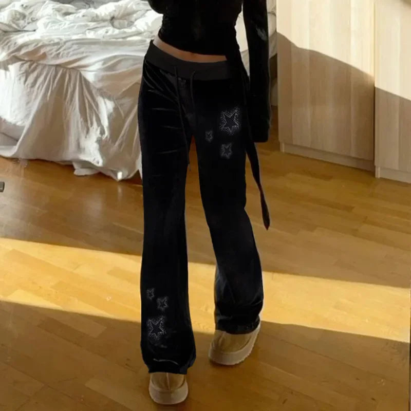 STORESDE Rhinestones Star Velvet Flared Pants Y2K Aesthetic High Waist Baggy Sweatpants Jogging Casual Basic Boot Cut Trousers
