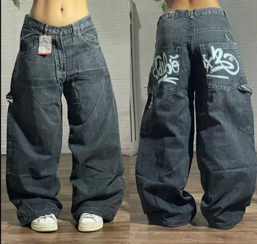 STORESDE American Fashion Trend Joker Pattern Embroidered Loose Jeans Women Street Y2K New Hip Hop Oversized Wide-leg Pants Unisex Jeans