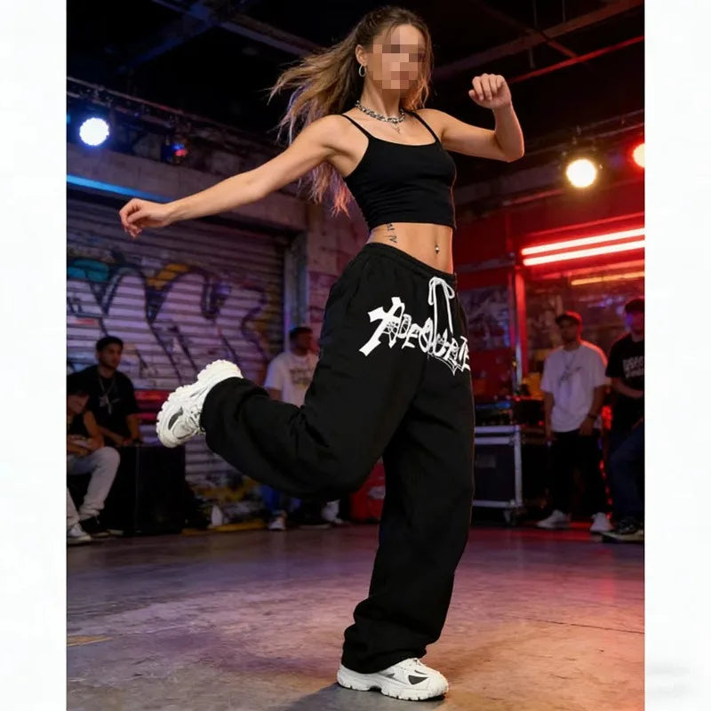 STORESDE Letter Print Hip-hio Trendy Pants for Women Europeans American Style Sweatpants Spring Drawstring Design Winter Casual Trousers