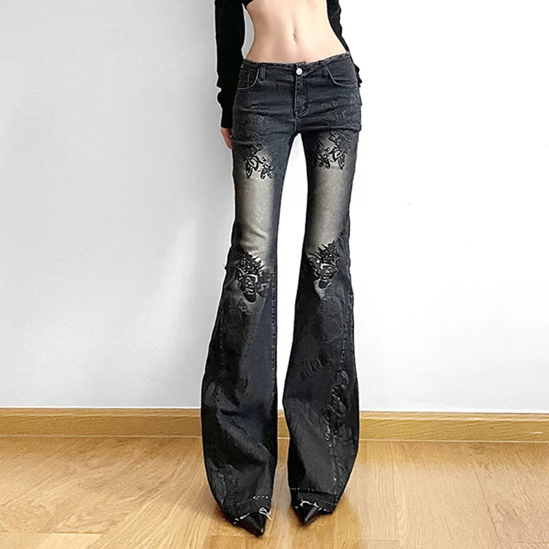 STORESDE Women's Jeans  New American Retro Street Style Plant Print Washed Vintage Low-Rise Flare Pants Trendy Versatile