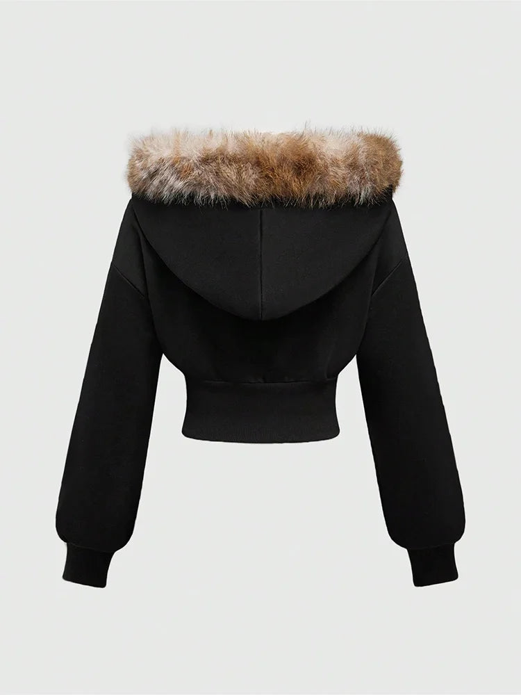 STORESDE Winter Warm Gothic Print Hoodie Women's Faux Fur Crop Top Zip-Up Sweatshirt Fashion Y2K Streetwear Hooded Jacket 2026 New