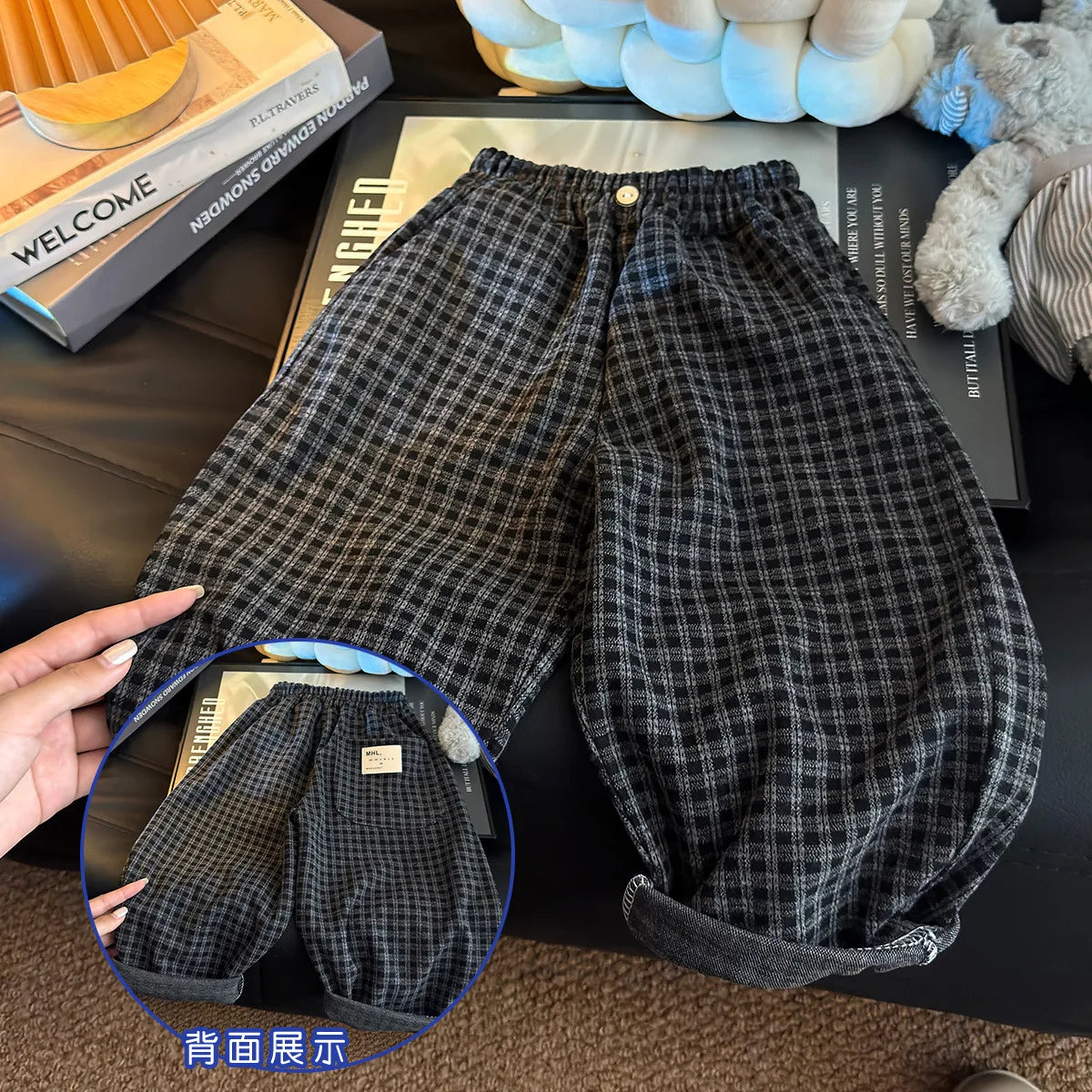 STORESDE Spring Autumn Children Pants 1-8Y Boys Black Plaid Loose Casual Straight Trousers Korean Toddler Wear For Kids Clothes New