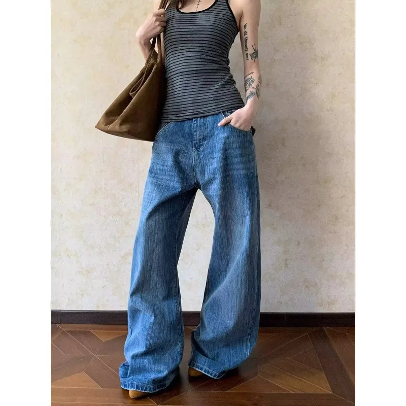 STORESDE Womens Jeans Vintage American Design Distressed Denim Womens Pants Loose Fit Straight Leg Trousers For Casual Wear