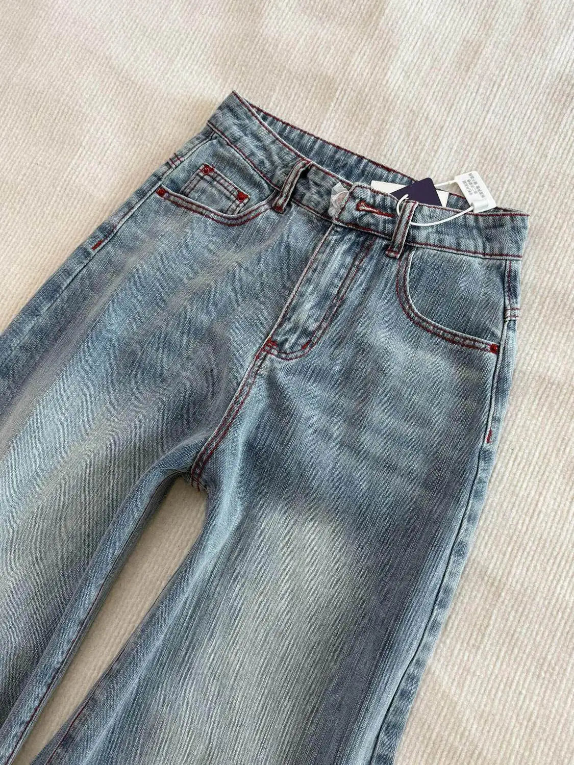 STORESDE Y2k Light Blue Baggy Jeans Women Red Stitch Embroidery High Waist Wide Leg Denim Pants Streetwear Casual Y2K Grunge Trousers New