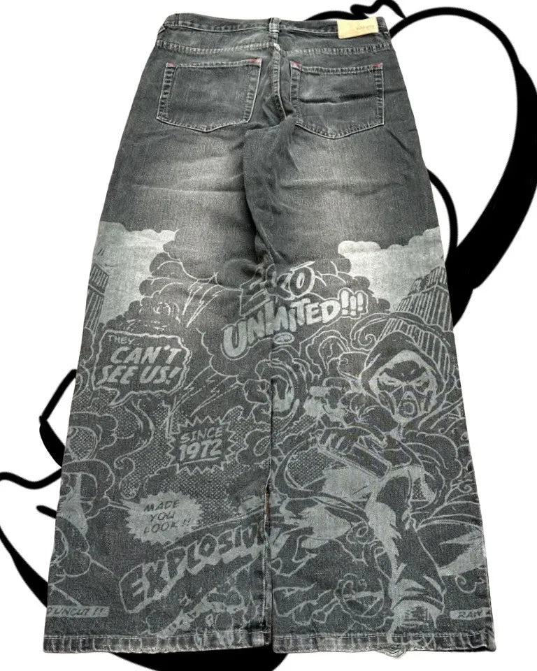 STORESDE American Fashion Printing Jeans Hip Hop Baggy Cross-legged Jeans Grey Wash Straight Mop Pants Men and Women