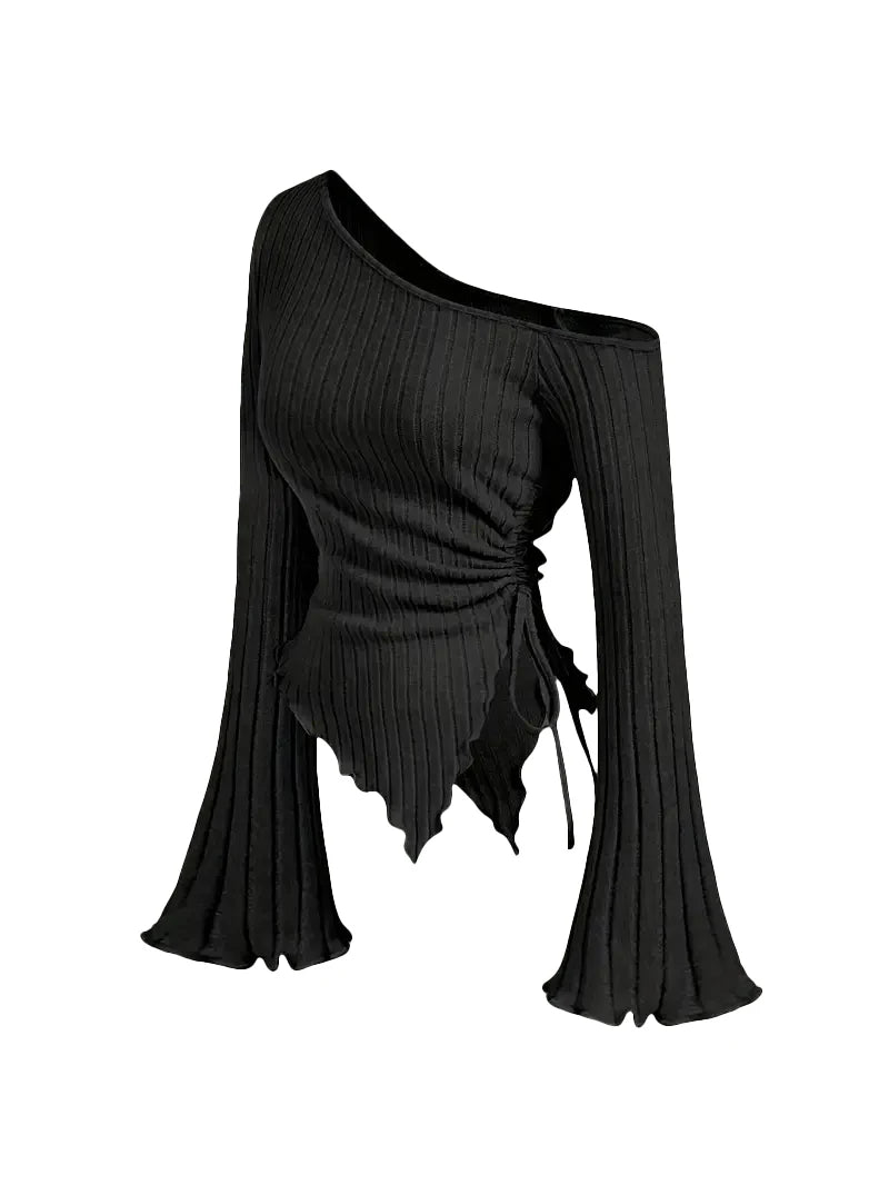 STORESDE women's New off shoulder cross long sleeved slim fit casual street style asymmetrical elegant T-shirt trumpet sleeve top