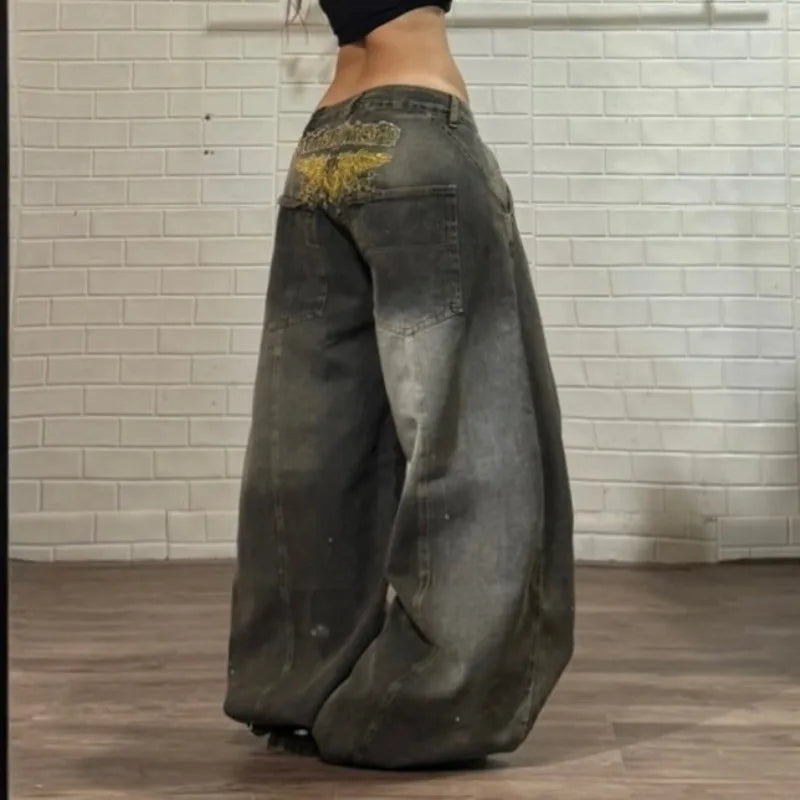 STORESDE American New Fashion Old Yellow Washed Baggy Jeans Ladies Y2K Gothic Hip Hop Vintage Casual High Waist Wide Leg Pants
